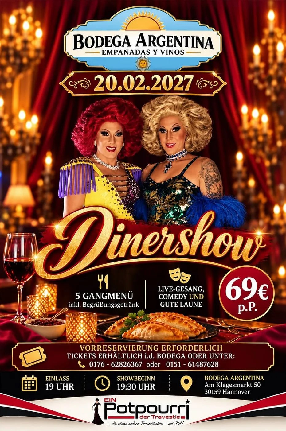 Flyer zum Dinnershow mit einem potpourrie der Travestie am Sa., 20. Februar in der Bodega Argentina