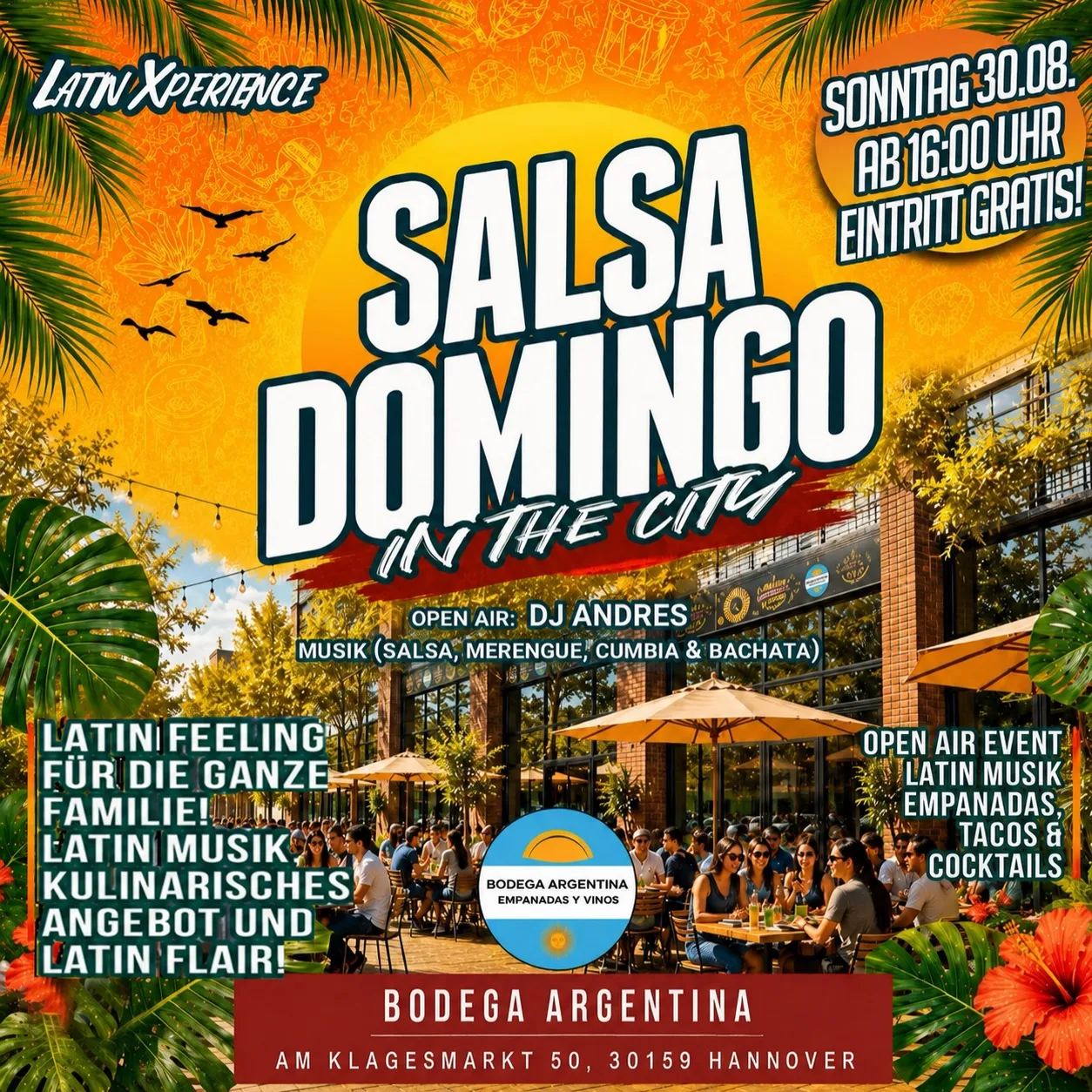 Flyer zum Salsa Domingo in the City am So., 30. August in der Bodega Argentina
